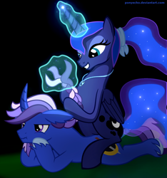 Size: 1500x1600 | Tagged: safe, artist:ponyecho, princess luna, oc, oc:azure night, alicorn, pony, azuna, braid, canon x oc, grumpy, happy, magic, necklace, night, pouting, show accurate, sitting on pony