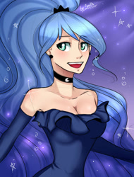 Size: 1280x1684 | Tagged: safe, artist:yanshiki, princess luna, human, armpits, choker, cleavage, clothes, dress, ear piercing, evening gloves, female, humanized, looking at you, open mouth, piercing, smiling, solo