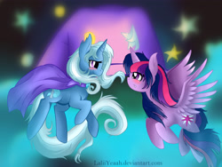 Size: 4896x3672 | Tagged: safe, artist:laliiyeaah, derpibooru import, trixie, twilight sparkle, twilight sparkle (alicorn), alicorn, pony, blushing, female, flying, lesbian, mare, shipping, smiling, twixie