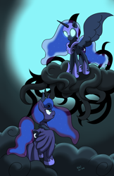 Size: 3300x5100 | Tagged: safe, artist:naivewolfjosh, nightmare moon, princess luna, alicorn, pony, absurd resolution, cloud, duality, glowing eyes, spread wings