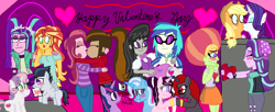 Size: 3325x1363 | Tagged: safe, artist:ktd1993, derpibooru import, applejack, aria blaze, dj pon-3, octavia melody, rarity, rumble, starlight glimmer, sunset shimmer, sweetie belle, tree hugger, trixie, twilight sparkle, vinyl scratch, oc, oc:contralto, oc:cupcake slash, oc:curse word, oc:magpie, equestria girls, disguised siren, female, holiday, kissing, lesbian, male, oc x oc, rarijack, rumbelle, shipping, starhugger, straight, sunblaze, twixie, valentine's day