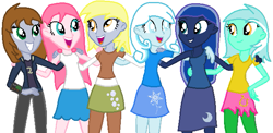 Size: 629x307 | Tagged: safe, artist:obriannakenobi, derpy hooves, lyra heartstrings, princess luna, oc, oc:fluffle puff, oc:littlepip, oc:snowdrop, fallout equestria, equestria girls, simple background