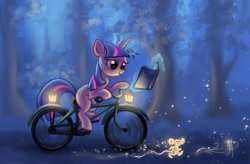 Size: 1200x788 | Tagged: safe, artist:rom-art, derpibooru import, twilight sparkle, unicorn twilight, mouse, pony, unicorn, bicycle, book, female, forest, lantern, magic, mare, night, reading, solo, sparkles, telekinesis