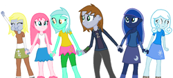 Size: 1016x459 | Tagged: safe, artist:obriannakenobi, derpy hooves, lyra heartstrings, princess luna, oc, oc:fluffle puff, oc:littlepip, oc:snowdrop, fallout equestria, equestria girls, eating, holding hands, simple background