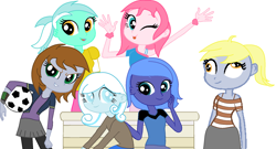 Size: 1946x1048 | Tagged: safe, artist:obriannakenobi, derpy hooves, lyra heartstrings, princess luna, oc, oc:fluffle puff, oc:littlepip, oc:snowdrop, fallout equestria, friendship is witchcraft, equestria girls, bench, eating, filly, football, holding hands, s1 luna, simple background, woona, younger