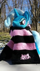 Size: 422x750 | Tagged: artist needed, safe, derpibooru import, trixie, pony, unicorn, clothes, female, irl, mare, photo, pixelkitties, plushie, scarf, solo