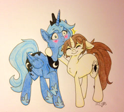 Size: 1356x1224 | Tagged: safe, artist:ameliacostanza, princess luna, alicorn, pony, unicorn, blushing, crossover, crossover shipping, hug, peter parker, s1 luna, spider-man, spiderluna, spiders and magic iii: days of friendship past, spiders and magic: rise of spider-mane, traditional art