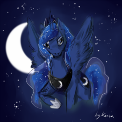 Size: 650x650 | Tagged: safe, artist:xkuutax, princess luna, alicorn, pony, moon, raised hoof, solo, spread wings