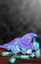 Size: 720x1128 | Tagged: safe, alternate version, artist:texasuberalles, derpibooru exclusive, derpibooru import, trixie, pony, unicorn, alcohol, alcoholism, bottle, cape, clothes, colored hooves, depression, drunk, female, hat, hoof hold, mare, solo, the great and alcoholics trixie, trixie's cape, trixie's hat