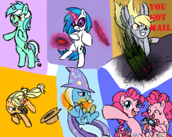 Size: 720x576 | Tagged: safe, artist:gleamingwolfdragon, derpibooru import, applejack, derpy hooves, dj pon-3, lyra heartstrings, pinkie pie, trixie, vinyl scratch, earth pony, pony, bipedal, fire, hammer, magic, pyromancy, wrench