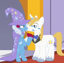 Size: 899x888 | Tagged: safe, artist:dcencia, derpibooru import, prince blueblood, trixie, bluetrix, blushing, female, great and powerful kisses, male, shipping, straight