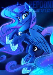 Size: 1281x1806 | Tagged: safe, artist:pepooni, princess luna, alicorn, pony, cute, female, flying, looking at you, lunabetes, mare, solo, watermark