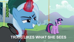 Size: 1024x576 | Tagged: safe, derpibooru import, edit, edited screencap, screencap, trixie, twilight sparkle, pony, unicorn, magic duel, butt, caption, female, grin, image macro, lesbian, mare, meme, plot, shipping, trixie yells at everything, twixie