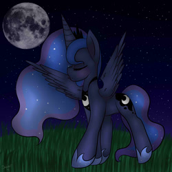 Size: 1200x1200 | Tagged: safe, artist:dweebpone, princess luna, alicorn, pony, eyes closed, female, full moon, mare, moon, my little pony, night, outdoors, solo, spread wings, wings