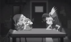 Size: 1206x716 | Tagged: safe, derpibooru import, rarity, spike, spike the regular dog, trixie, dog, better together, equestria girls, rarity investigates: the case of the bedazzled boot, angry, black and white, female, grayscale, hundreds of users filter this tag, jealous, love triangle, male, monochrome, rarity investigates (eqg): trixie, shipping, spixie, straight