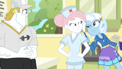 Size: 1920x1080 | Tagged: safe, derpibooru import, screencap, bulk biceps, nurse redheart, trixie, better together, equestria girls, forgotten friendship, female, male, nurse outfit, trio