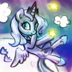 Size: 500x500 | Tagged: safe, artist:lunaltaria, princess luna, alicorn, pony, moon, on back, s1 luna, solo, stars, tangible heavenly object