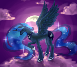 Size: 1500x1300 | Tagged: safe, artist:myukari, princess luna, alicorn, pony, cloud, cloudy, eyes closed, moon, raised hoof, solo, spread wings