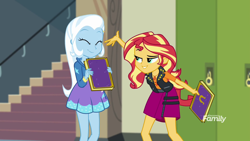 Size: 1920x1080 | Tagged: safe, derpibooru import, screencap, sunset shimmer, trixie, better together, equestria girls, forgotten friendship, clothes, cute, diatrixes, female, geode of empathy, hoodie, skirt, smiling, yearbook