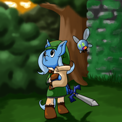 Size: 1734x1734 | Tagged: safe, artist:thepiplup, derpibooru import, trixie, parasprite, pony, unicorn, bipedal, crossover, dexterous hooves, duo, female, human pose, link, mare, navi, paraspritized, solo, species swap, sword, the legend of zelda