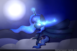 Size: 3000x2000 | Tagged: safe, artist:myteaiscold, princess luna, alicorn, pony, cloud, magic, moon, sitting, solo