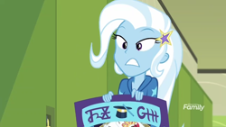 Size: 1280x720 | Tagged: safe, derpibooru import, screencap, trixie, better together, equestria girls, forgotten friendship, discovery family logo, lockers, poster, solo