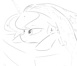 Size: 1064x922 | Tagged: safe, artist:darkflame75, princess luna, alicorn, pony, bed, lunadoodle, monochrome, solo