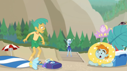 Size: 1098x614 | Tagged: safe, derpibooru import, screencap, snails, snips, trixie, equestria girls, equestria girls series, forgotten friendship, beach, clothes, discovery family logo, feet, flip-flops, open mouth, sandals, swimsuit