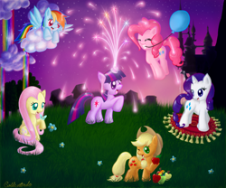 Size: 900x750 | Tagged: dead source, safe, artist:goldentendo, derpibooru import, applejack, fluttershy, pinkie pie, rainbow dash, rarity, twilight sparkle, earth pony, pegasus, pony, unicorn, apple, balloon, cloud, food, magic