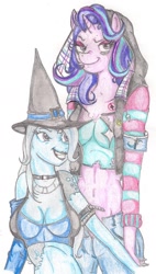 Size: 940x1654 | Tagged: safe, artist:thegloriesbigj, derpibooru import, starlight glimmer, trixie, anthro, unicorn, anatomically incorrect, breasts, clothes, duo, punk, smiling, smirk, traditional art