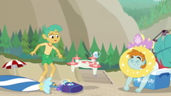 Size: 1920x1080 | Tagged: safe, derpibooru import, screencap, snails, snips, trixie, equestria girls, equestria girls series, forgotten friendship, beach, clothes, discovery family logo, feet, flip-flops, open mouth, partial nudity, sandals, swimsuit, topless