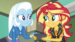 Size: 1280x720 | Tagged: safe, derpibooru import, screencap, sunset shimmer, trixie, better together, equestria girls, forgotten friendship, computer, discovery family, discovery family logo, female, remote