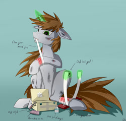 Size: 2807x2692 | Tagged: safe, artist:lth935, oc, oc only, oc:littlepip, pony, unicorn, fallout equestria, bandage, bandaged leg, blood, fanfic, female, first aid kit, ice pack, injured, magic, mare, mint-als, party time mintals, solo, stimpack, syringe, telekinesis