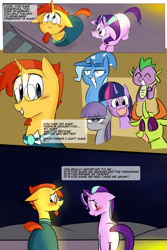 Size: 1200x1800 | Tagged: safe, artist:zouyugi, derpibooru import, maud pie, spike, starlight glimmer, sunburst, thorax, trixie, twilight sparkle, twilight sparkle (alicorn), alicorn, changedling, changeling, dragon, earth pony, pony, unicorn, comic:confession, blushing, comic, dialogue, king thorax