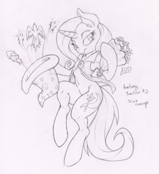 Size: 913x1000 | Tagged: safe, artist:dfectivedvice, derpibooru import, trixie, bird, semi-anthro, bouquet, fireworks, flower, grayscale, magic, magic trick, monochrome, sketch, solo, traditional art