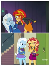 Size: 3106x4096 | Tagged: safe, derpibooru import, screencap, sunset shimmer, trixie, better together, equestria girls, forgotten friendship, rainbow rocks, comparison, discovery family logo, lockers, yearbook