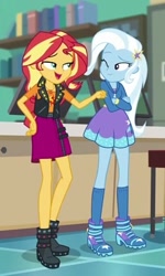 Size: 408x679 | Tagged: safe, derpibooru import, screencap, sunset shimmer, trixie, better together, equestria girls, forgotten friendship, duo, female