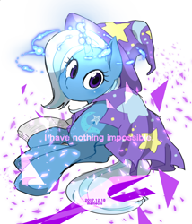 Size: 1300x1520 | Tagged: safe, artist:potetecyu_to, derpibooru import, trixie, pony, unicorn, cape, clothes, female, hat, looking at you, magic, mare, solo, trixie's cape, trixie's hat