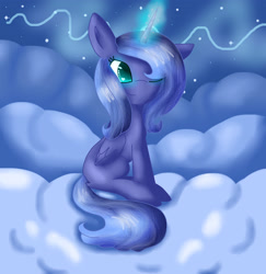 Size: 3500x3600 | Tagged: safe, artist:drawinggirl11, princess luna, alicorn, pony, cloud, cloudy, cute, filly, magic, sitting, solo, wink, woona