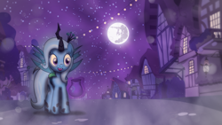 Size: 1920x1080 | Tagged: safe, artist:aelioszero, artist:evil-dec0y, artist:spiritofthwwolf, derpibooru import, edit, trixie, changeling, pony, unicorn, clothes, costume, cutie mark, female, mare, mare in the moon, moon, night, nightmare night, ponyville, solo, vector, wallpaper