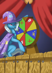 Size: 1024x1420 | Tagged: safe, artist:xaneas, derpibooru import, trixie, pony, unicorn, cape, clothes, female, hat, mare, smiling, solo, stage, trixie's cape, trixie's hat, wheel of fortune