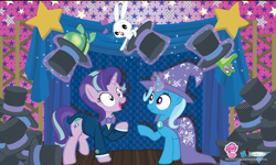 Size: 798x480 | Tagged: safe, artist:pixelkitties, derpibooru import, angel bunny, gummy, starlight glimmer, tank, trixie, crocodile, pony, rabbit, tortoise, unicorn, bowtie, bunny out of the hat, cape, clothes, duo, female, glowing horn, happy, hat, magic, magic trick, magician outfit, mare, raised hoof, smiling, stage, stars, telekinesis, top hat, trixie's cape, trixie's hat