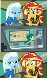 Size: 589x960 | Tagged: safe, derpibooru import, screencap, sunset shimmer, trixie, wallflower blush, better together, equestria girls, forgotten friendship, annoyed, female, geode of empathy, magical geodes, meme origin, phone, recording, sunset's recording