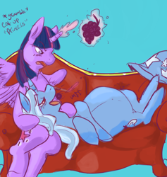 Size: 1274x1345 | Tagged: safe, artist:dolly, artist:twizzle, derpibooru import, trixie, twilight sparkle, twilight sparkle (alicorn), alicorn, pony, annoyed, bedroom eyes, belly, blushing, colored, cuddling, feeding, female, glare, grapes, lesbian, magic, magical lesbian spawn, mare, offspring, on back, open mouth, pregnant, shipping, sitting, smiling, snuggling, sofa, telekinesis, twixie