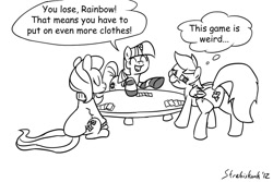 Size: 990x660 | Tagged: safe, artist:strebiskunk, derpibooru import, fluttershy, rainbow dash, twilight sparkle, pegasus, pony, unicorn, clothes, comic, comic sans, cutie mark underwear, dialogue, eyes closed, grayscale, monochrome, panties, plot, poker, reverse strip poker, reversed, simple background, sitting, smiling, socks, strip poker, sweater, sweatershy, table, thought bubble, underwear, we don't normally wear clothes, white background