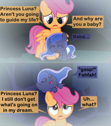 Size: 1115x1261 | Tagged: safe, artist:beavernator, edit, princess luna, scootaloo, alicorn, pony, baby, baby pony, baby talk, cropped, cute, dream, eyes closed, filly, foal, fog, frown, leaning, open mouth, pony hat, raised eyebrow, smiling, woona, worried