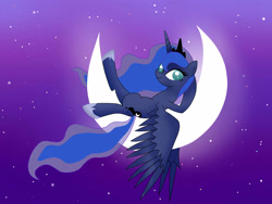 Size: 3264x2448 | Tagged: safe, artist:ask-theponyqueen, princess luna, alicorn, pony, crescent moon, moon, on back, smiling, solo, tangible heavenly object, transparent moon