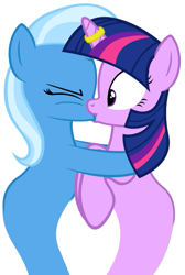 Size: 409x607 | Tagged: safe, artist:navitaserussirus, derpibooru import, trixie, twilight sparkle, female, horn ring, kissing, lesbian, shipping, twixie