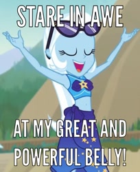 Size: 489x600 | Tagged: safe, derpibooru import, screencap, trixie, better together, equestria girls, forgotten friendship, beach, belly, belly button, bikini, caption, clothes, eyes closed, meme, midriff, sarong, sunglasses, swimsuit