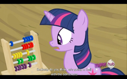 Size: 960x600 | Tagged: safe, derpibooru import, screencap, twilight sparkle, hurricane fluttershy, abacus, hub logo, youtube caption